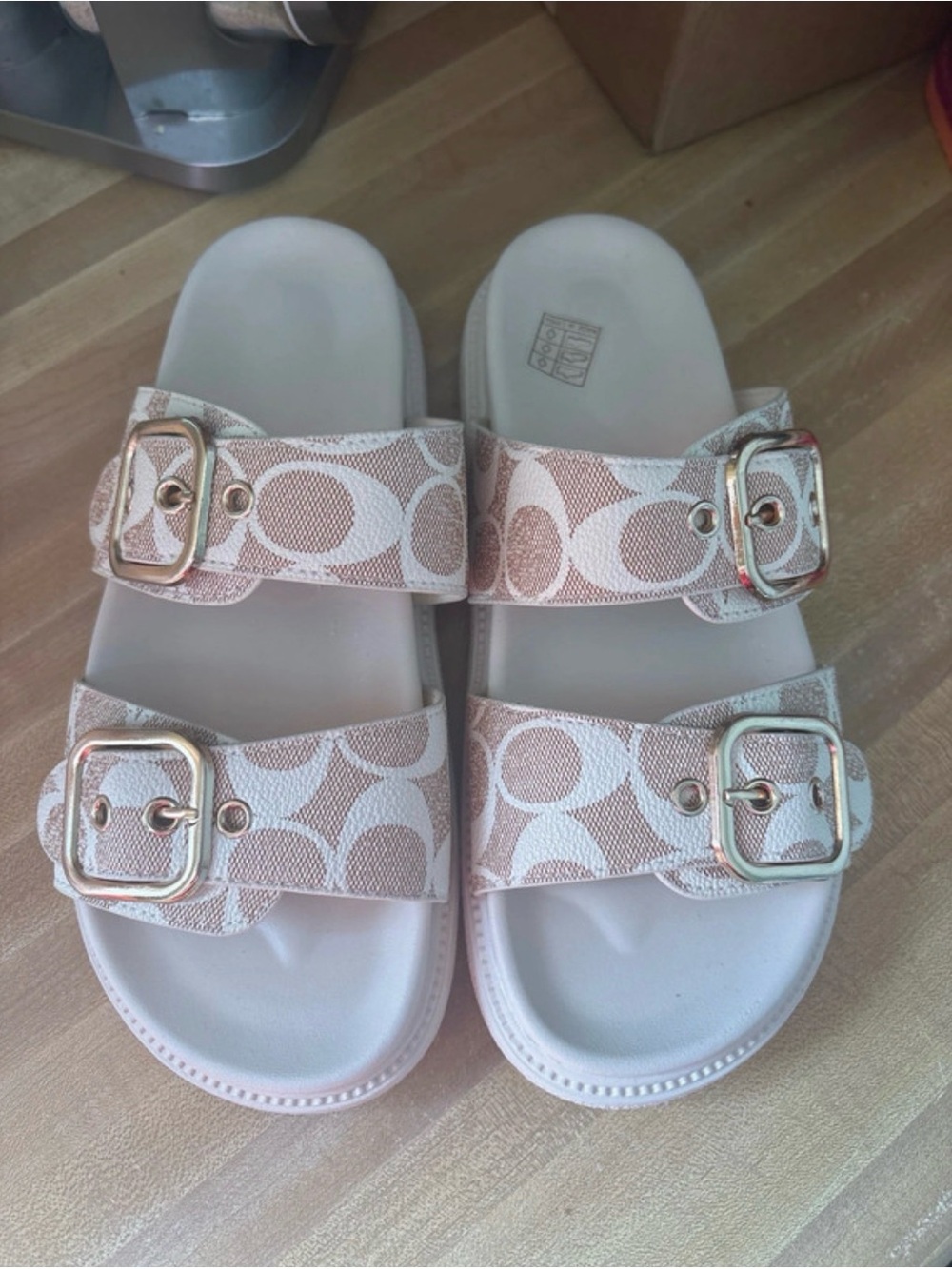 Signature Double-Buckle Slide Sandals in Beige/White